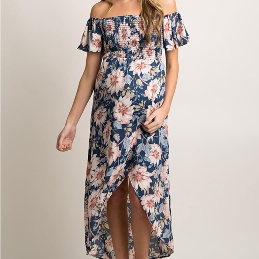 Blue Floral Off-Shoulder Midi Maternity Dress - NEW